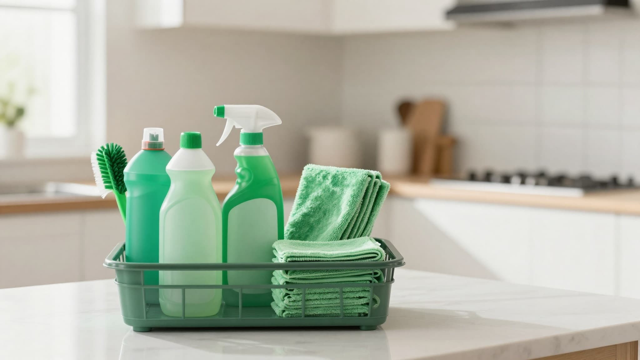 Professional cleaning caddy of green eco-friendly supplies and microfiber cloths on a gleaming kitchen counter