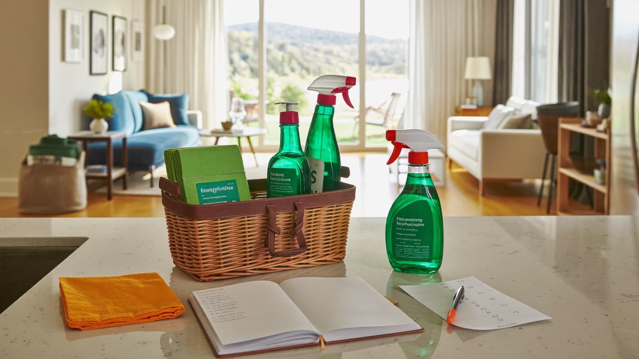 Bright freshly cleaned kitchen with a caddy of green cleaning supplies and a weekly cleaning planner on the counter