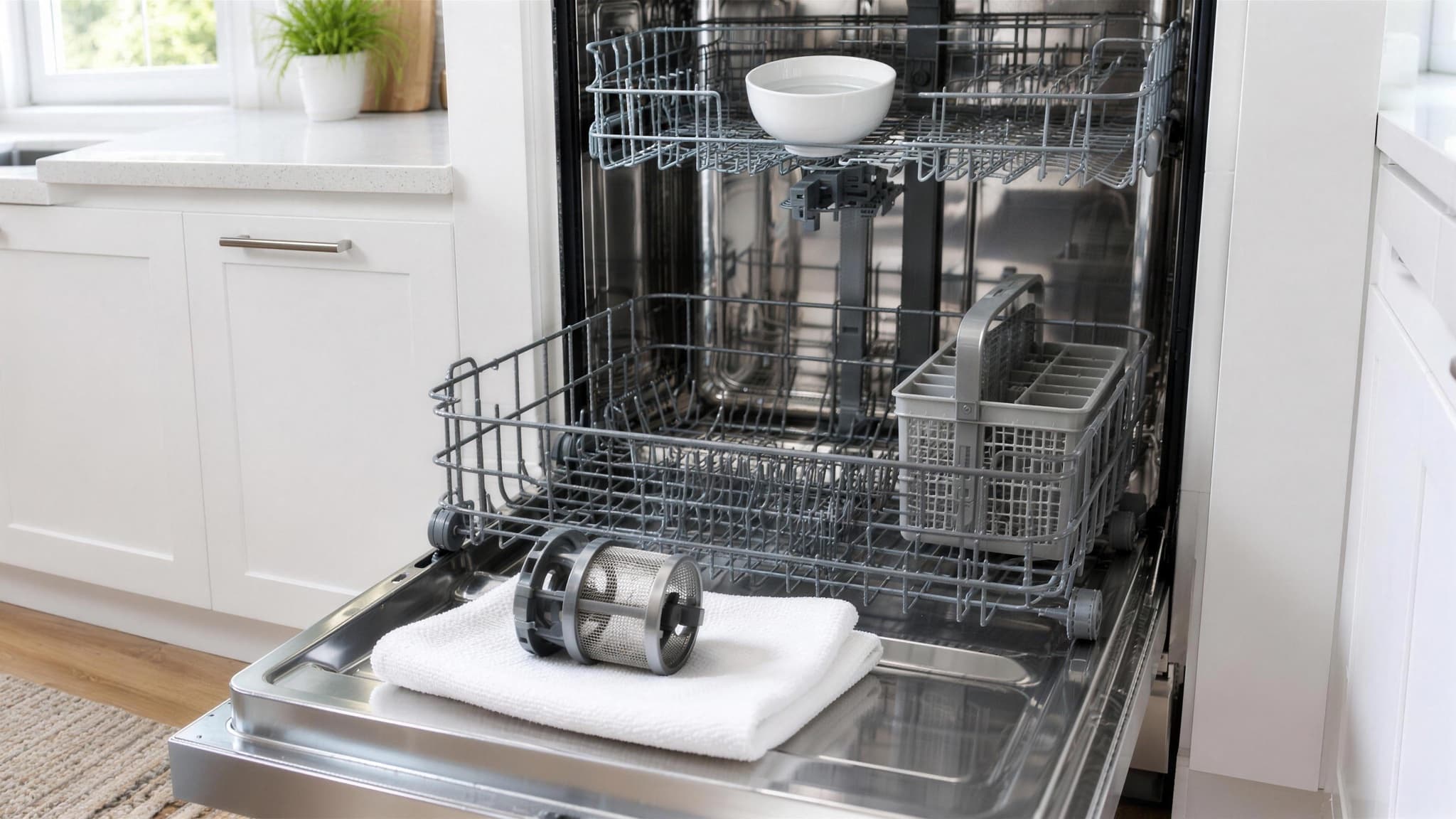 Open stainless steel dishwasher with the bottom rack pulled out, the removed filter on a microfiber cloth and a bowl of white vinegar on the top rack in a bright kitchen