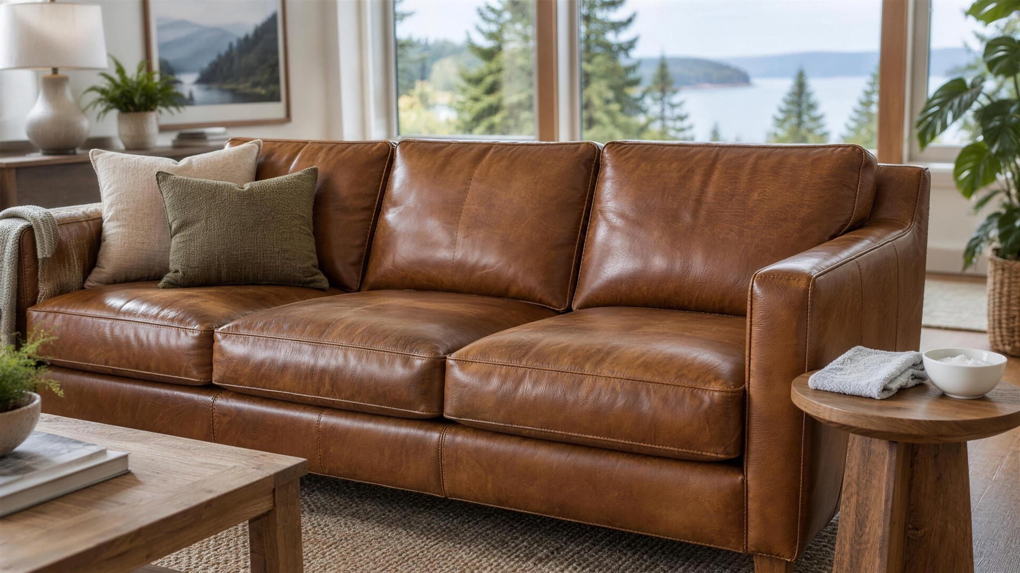 Cognac brown leather sofa in a bright living room with a folded microfiber cloth and a small bowl of soapy water on the side table