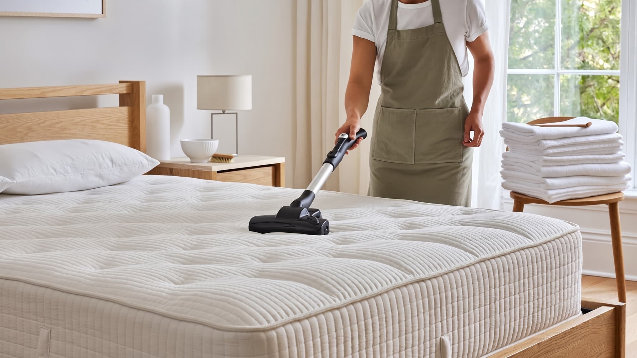 Cleaner vacuuming a stripped white mattress with an upholstery attachment in a bright bedroom with fresh folded linens nearby