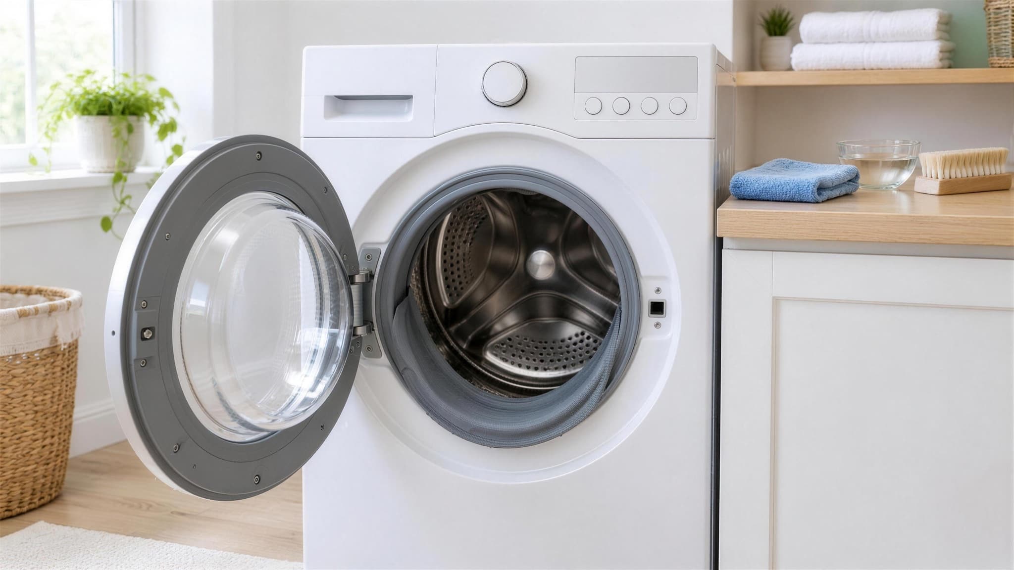 Open white front-load washing machine with the rubber door gasket folded back, a microfiber cloth and a bowl of white vinegar on the counter in a bright laundry room
