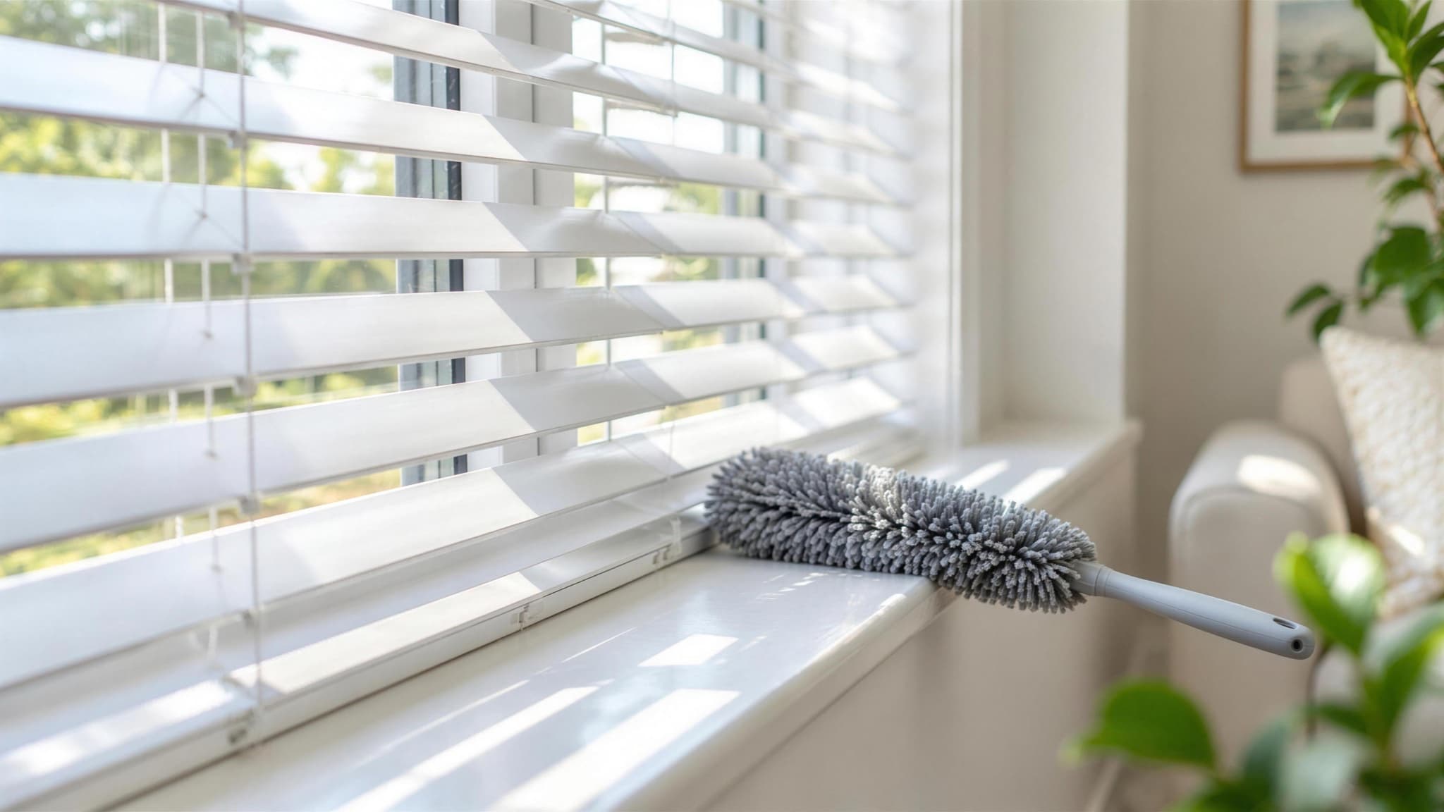 White faux-wood horizontal blinds tilted half open in soft daylight with a gray microfiber duster resting on the clean windowsill of a bright living room