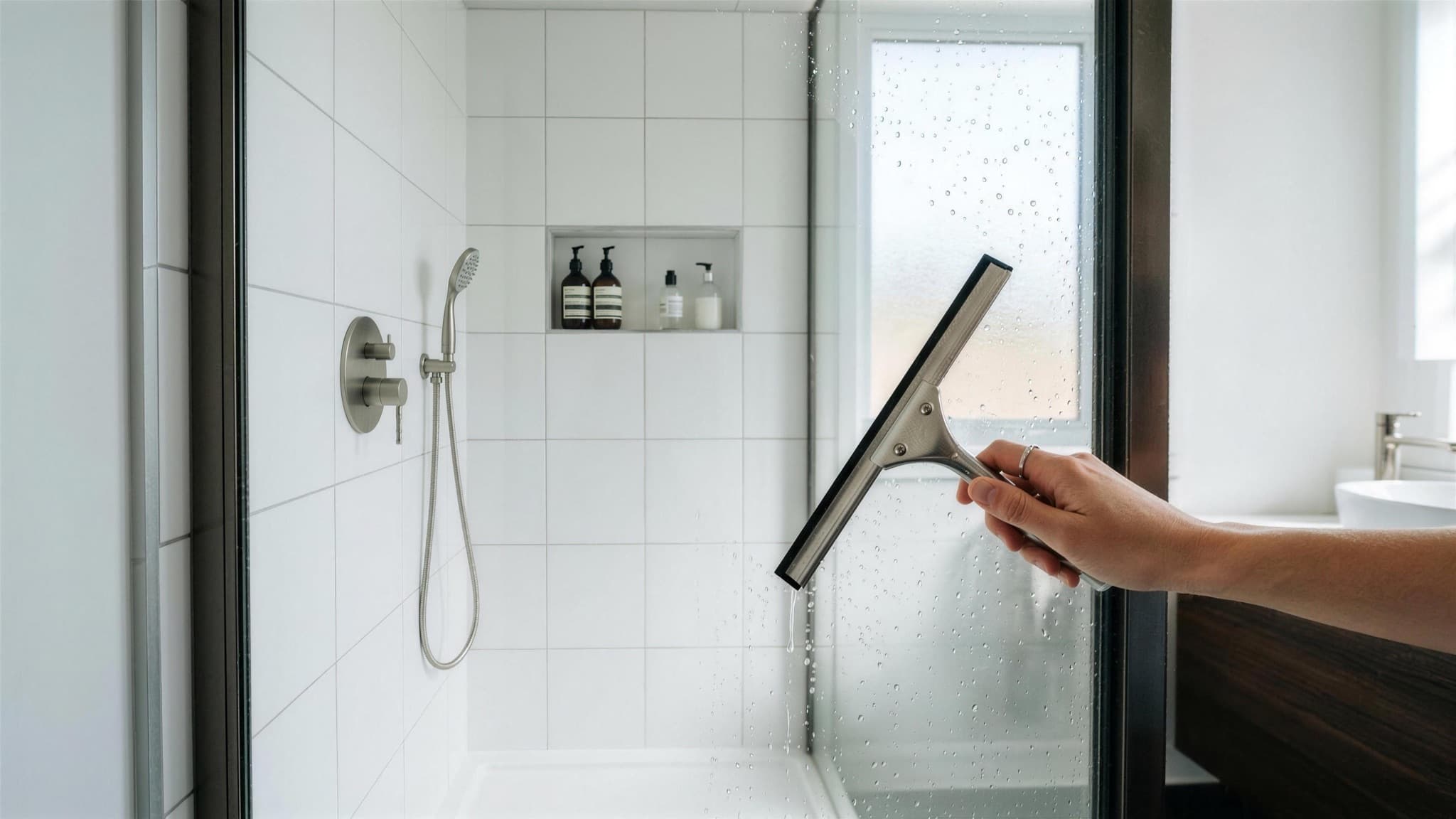 Hand wiping a sparkling glass shower door with a squeegee in a bright modern bathroom
