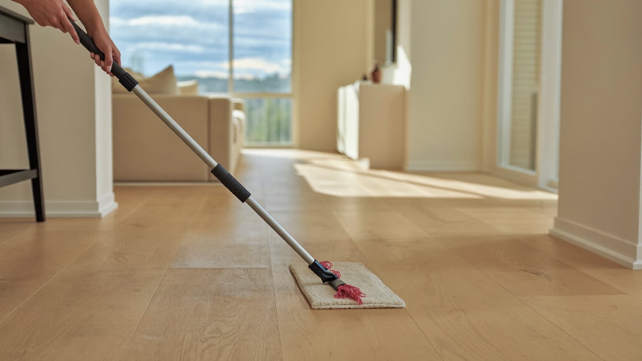 Cleaner gliding a flat microfiber mop along sunlit hardwood floors in a bright, freshly cleaned living room