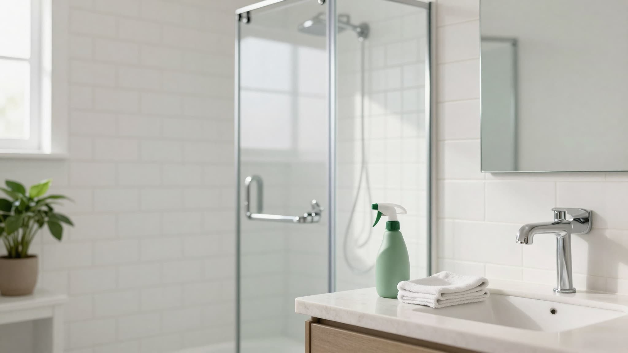 Spotless mold-free bathroom with clean white tile, glass shower, and green cleaning spray on the counter