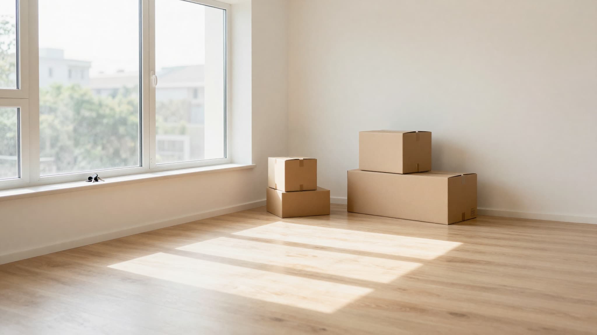 Empty, freshly cleaned sunlit apartment with move-out boxes and keys on the windowsill