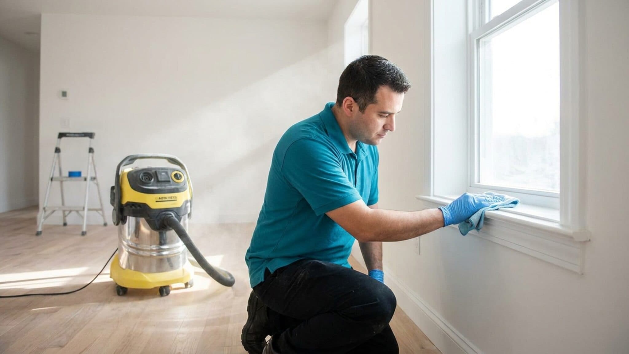 Professional cleaner wiping fine drywall dust from a windowsill during a post-construction final clean in a newly built home