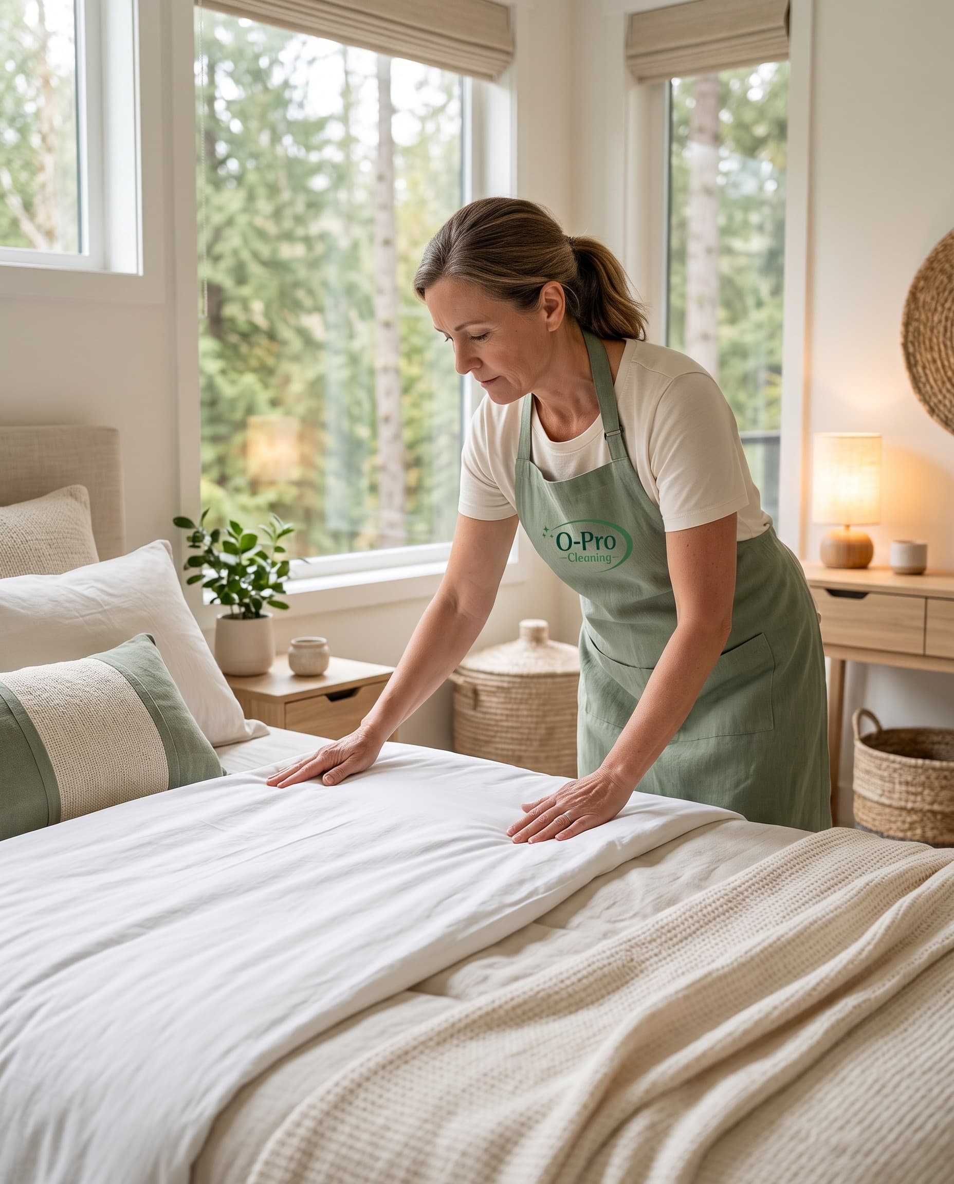 O-Pro Cleaning team member making a bed in a sunlit Lynnwood home